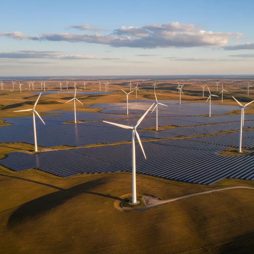 Aerial view of wind turbines and solar panels at renewable energy facility