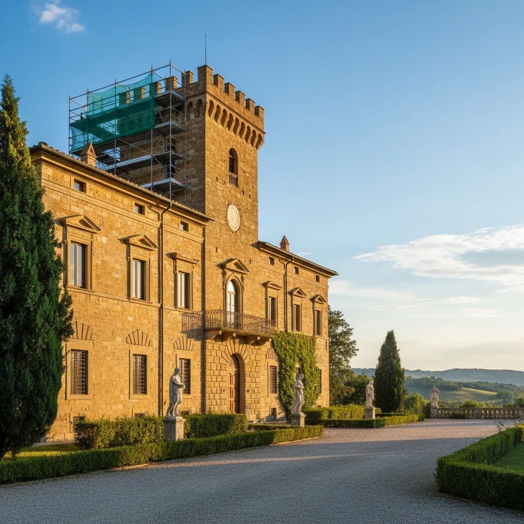 Historic Italian villa facade with partial restoration work visible on stone exterior