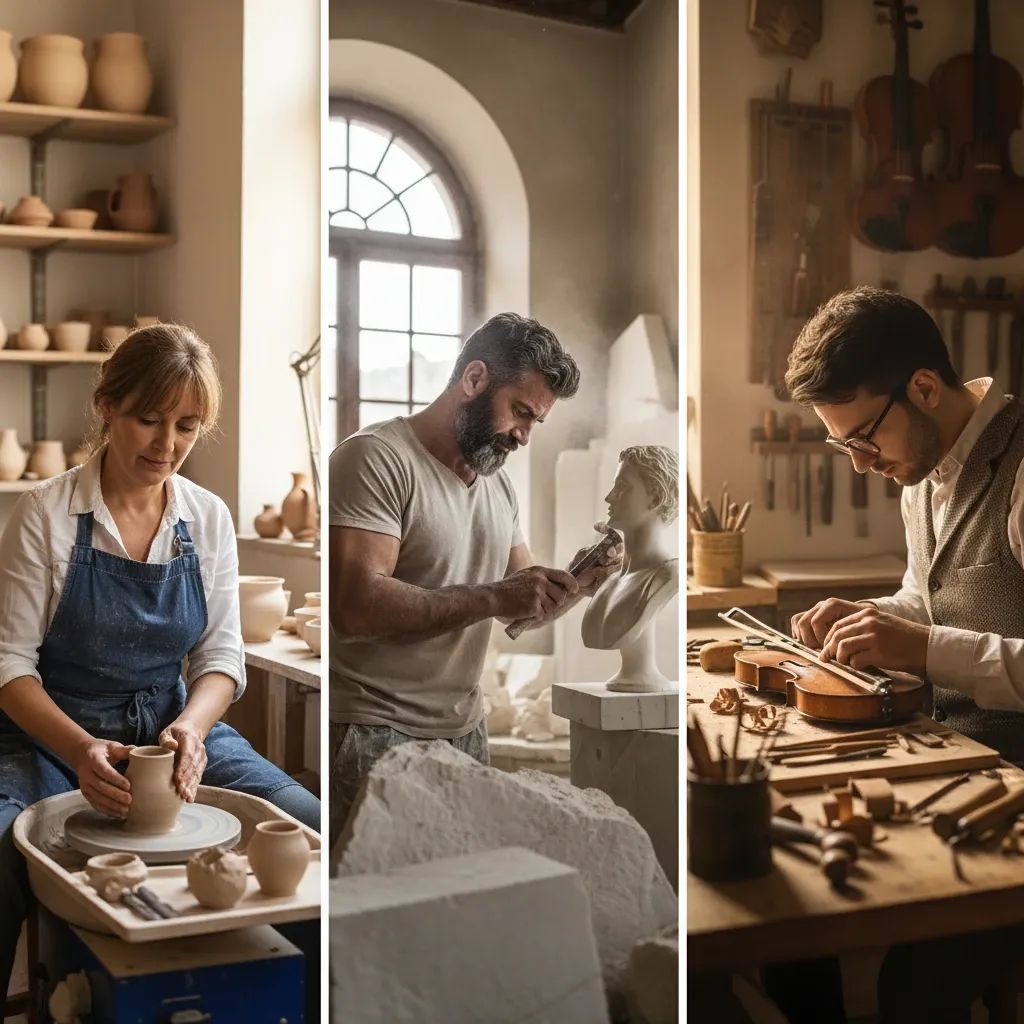 Traditional Italian artisans working with handcrafted materials including ceramics, marble, and musical instruments