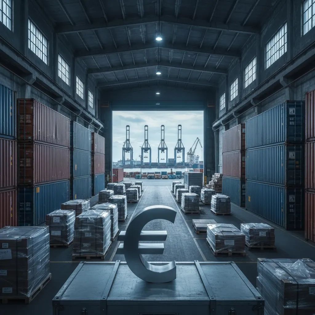 Italian shipping port with cargo containers and industrial equipment representing export trade crisis