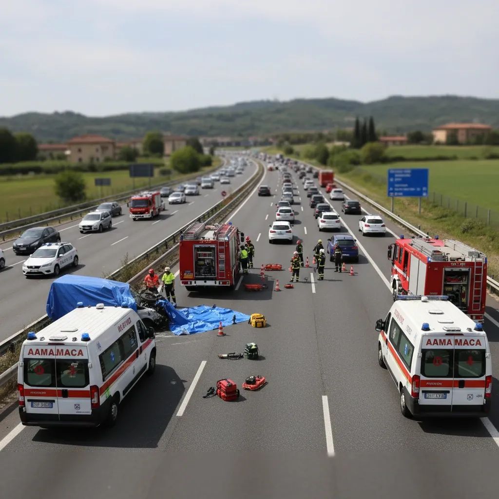 Emergency responders at A1 motorway accident scene with ambulances and rescue equipment present