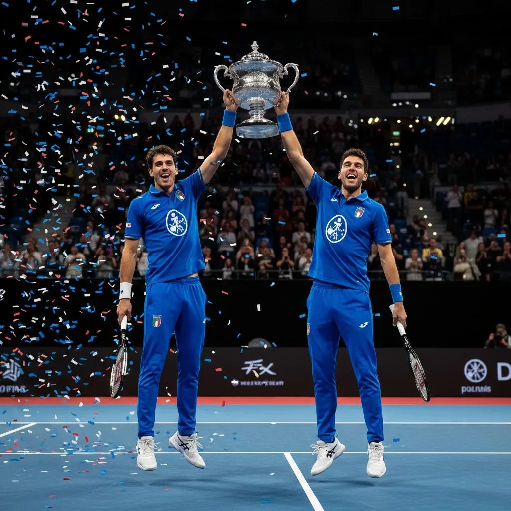 Two Italian tennis players in blue jerseys lift trophy after indoor doubles win