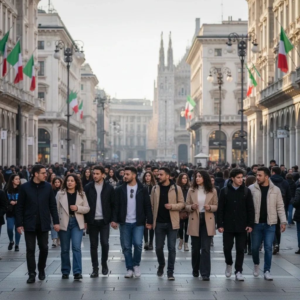 Second-generation Italians gathering at Milan rally with Italian flags, representing citizenship reform advocacy