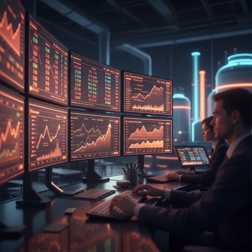 Energy trading floor displaying rising gas price charts and market data showing price surge