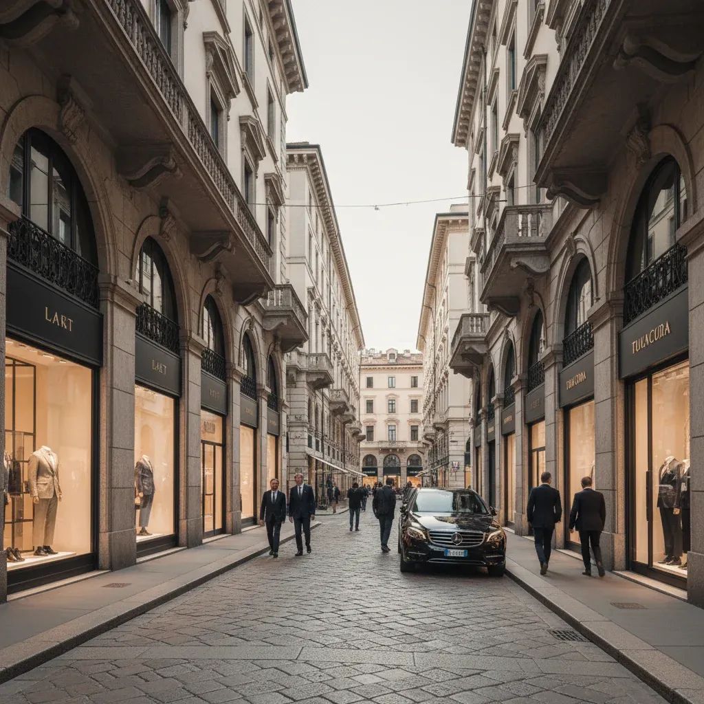 Upscale Milan luxury shopping district with designer boutiques and Italian architecture
