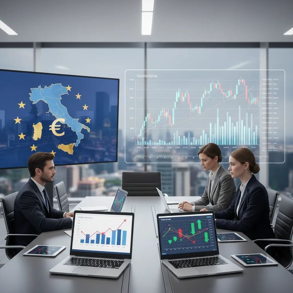 Financial office workspace showing economic data and EU regulatory documents related to Italy's fiscal policy