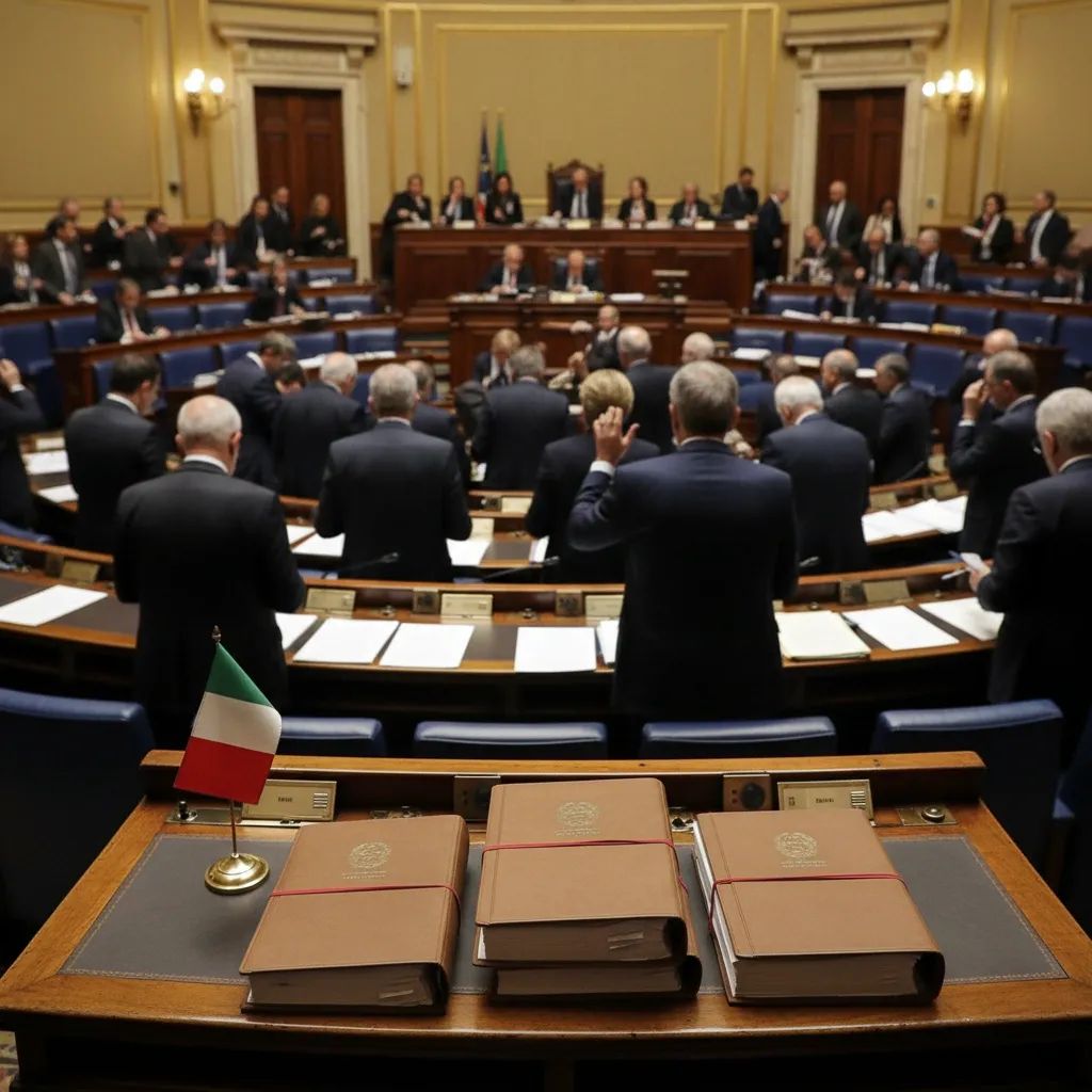 Italian parliamentary chamber with legal folders and small tricolour flag ahead of key confidence vote