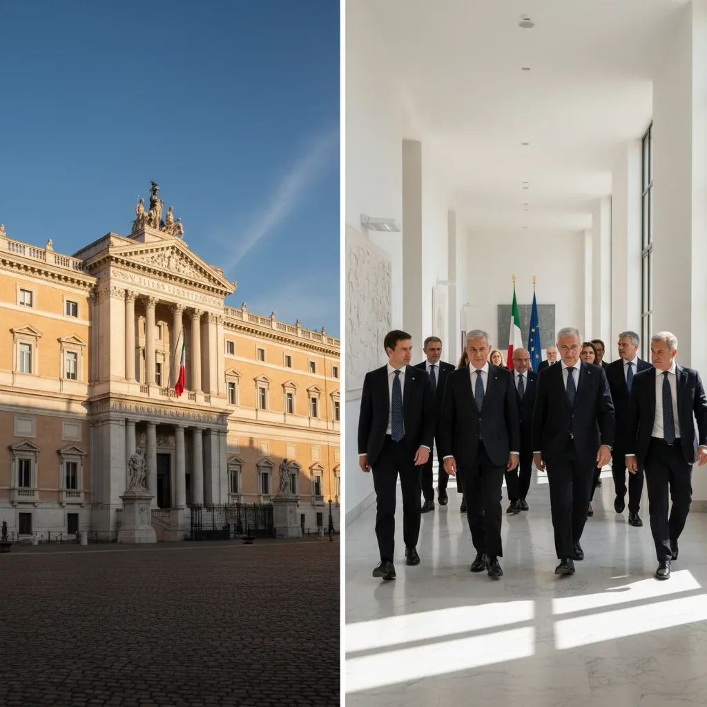 Italian government officials in formal setting walking through institutional corridor at Parliament building