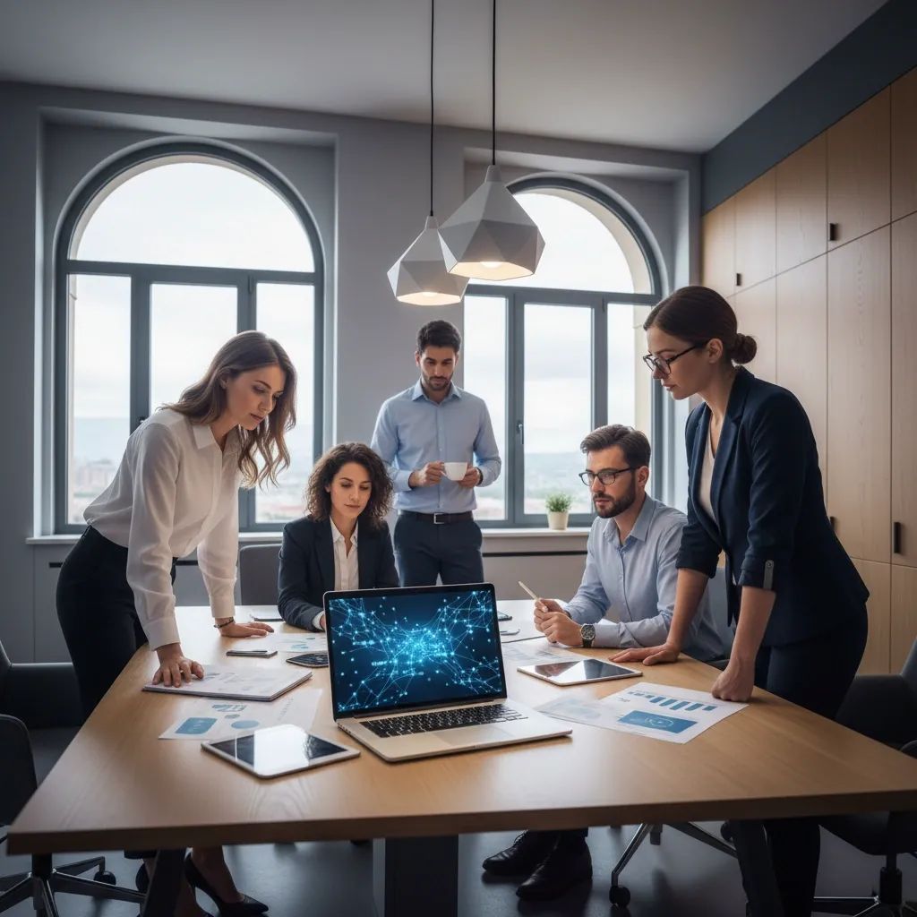 Professionals working in modern Italian office environment with technology and documents