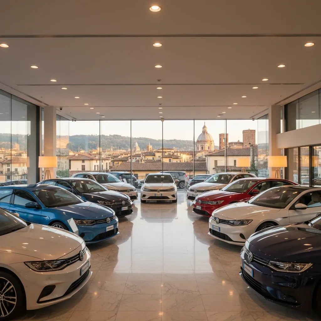 Modern Italian car dealership showroom displaying hybrid and electric vehicles with professional lighting