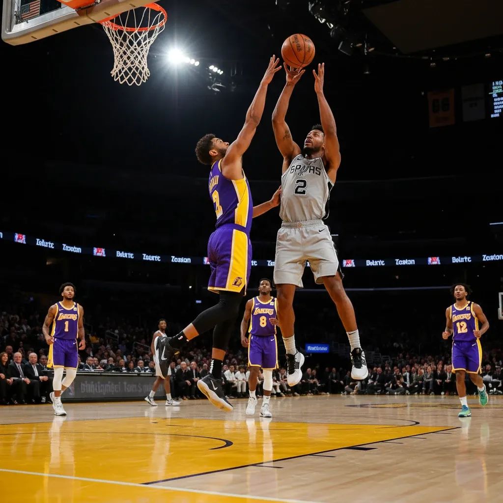 NBA basketball game action with professional arena lighting and team colors from Spurs and Lakers matchup