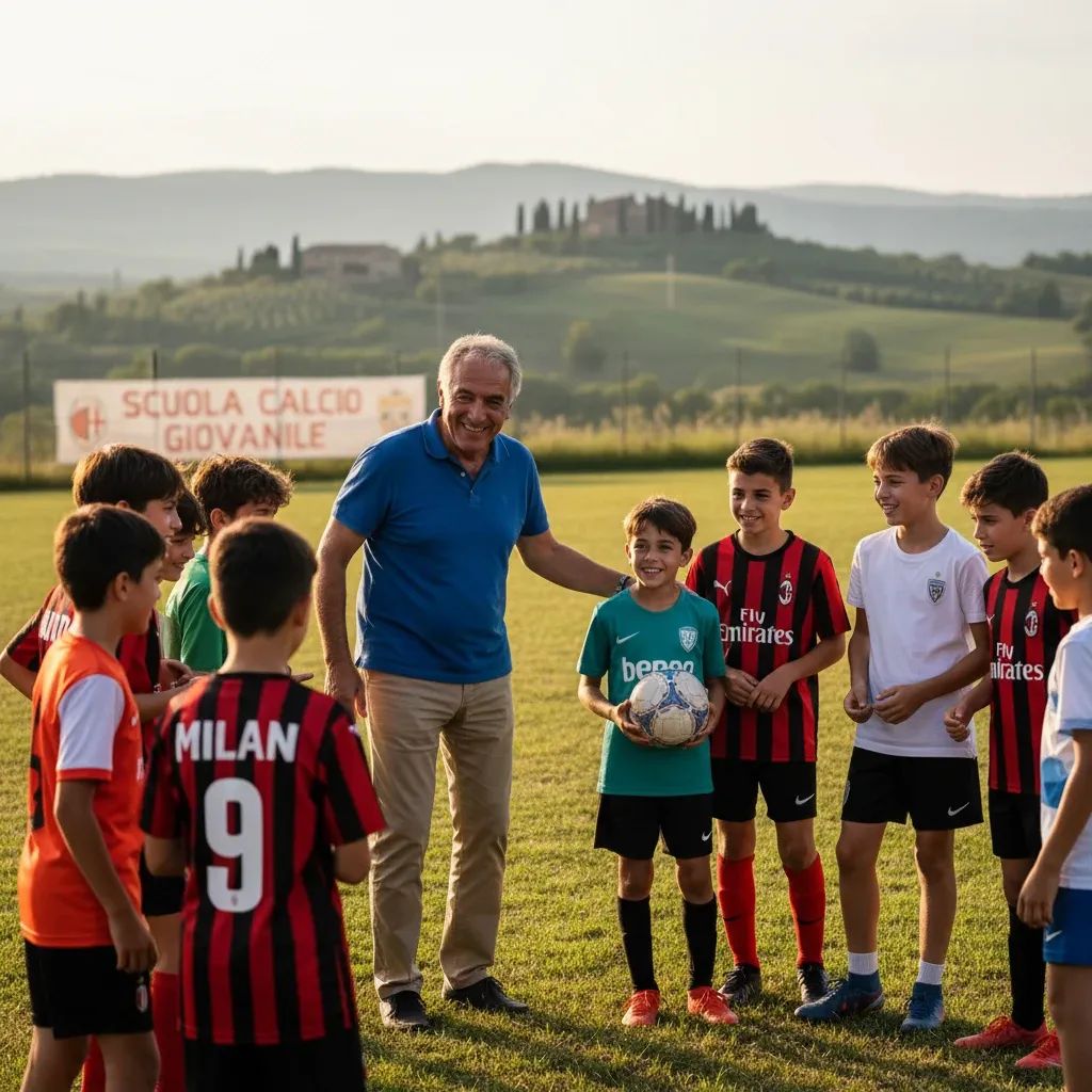 Italian football legend reflecting on grassroots sports values with young players in the background