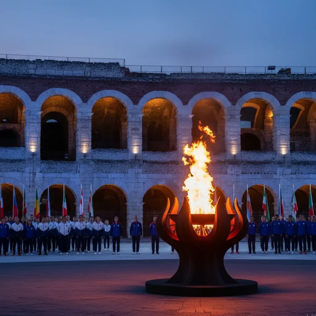 Verona Arena's iconic architecture with Paralympic flame, representing Milano Cortina 2026 opening ceremony amidst diplomatic tensions