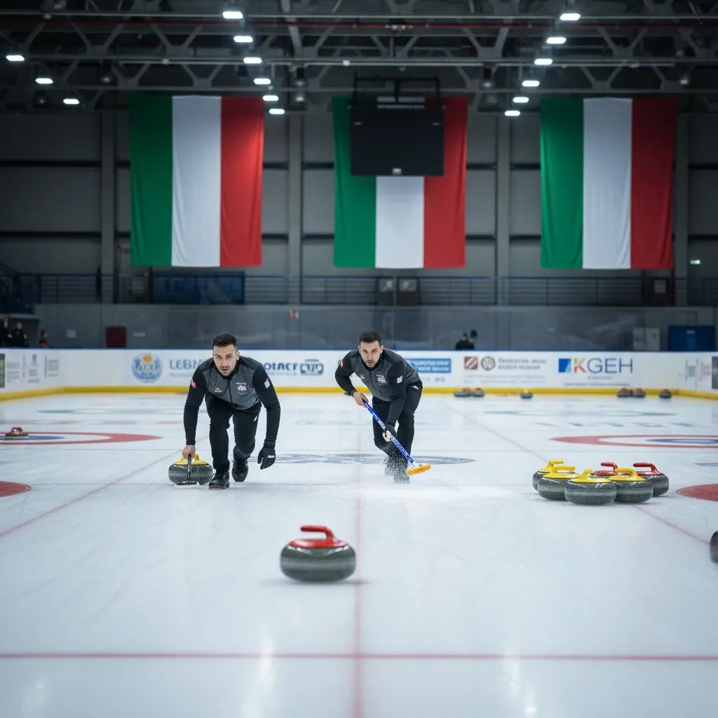 Italian curlers sweeping a stone on an indoor Olympic ice sheet during competition