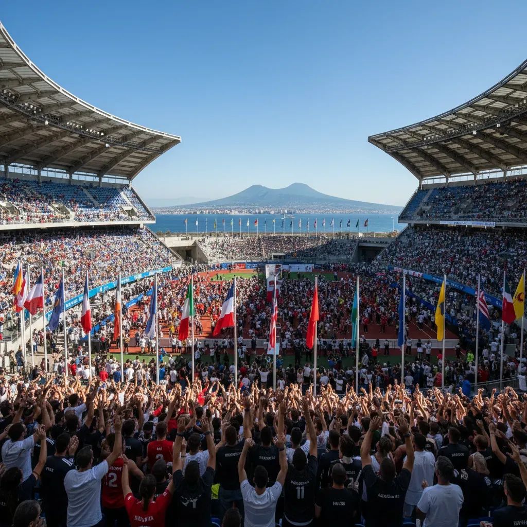 Diverse athletes and spectators at Naples sports venue with modern arena and Mediterranean backdrop