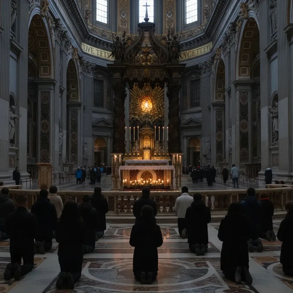 Peaceful prayer vigil at St. Peter's Basilica with diverse congregants in reverent prayer