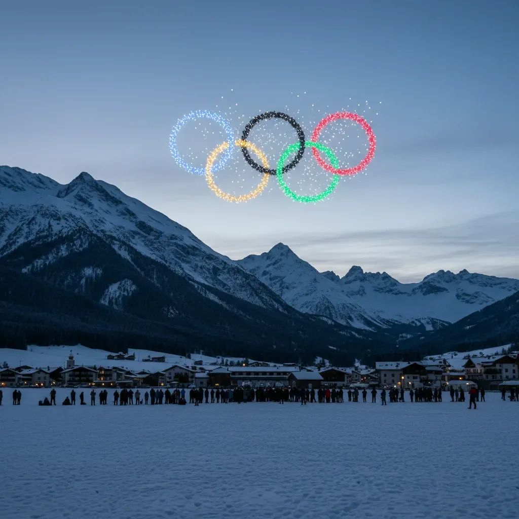 Twilight drone light show forming Olympic rings above snowy Val di Fiemme village in the Dolomites