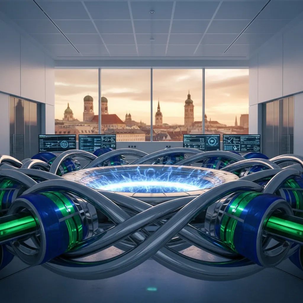 Conceptual illustration of the Alpha fusion reactor with glowing plasma chamber and magnetic coils in a modern laboratory setting