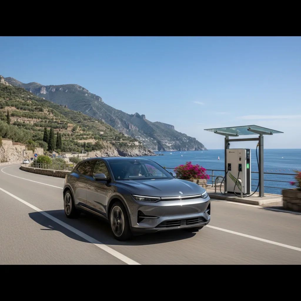 Modern electric SUV on Italian highway with charging infrastructure and mountainous landscape in background