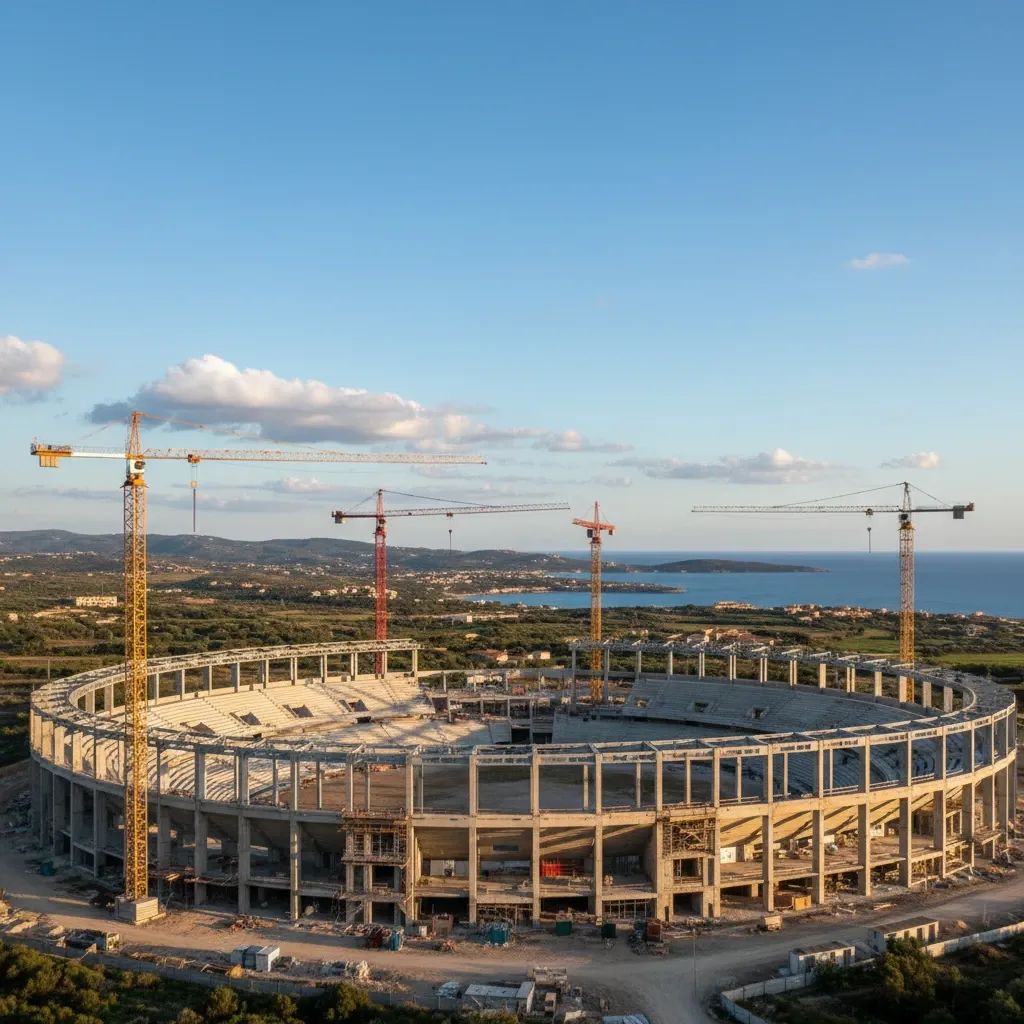 Modern football stadium under construction in Sardinia with Mediterranean backdrop