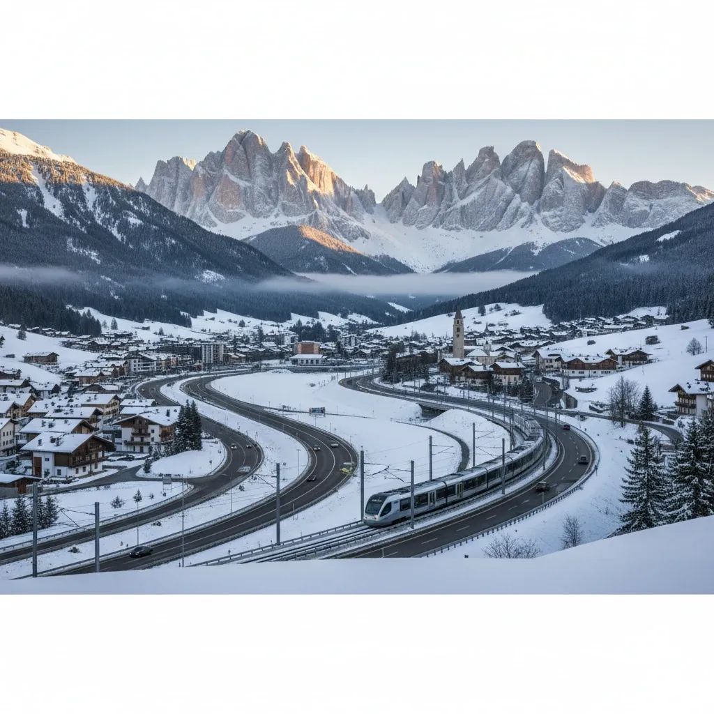 Snowy Dolomites framing Cortina d'Ampezzo with new alpine rail line and highway upgrades visible