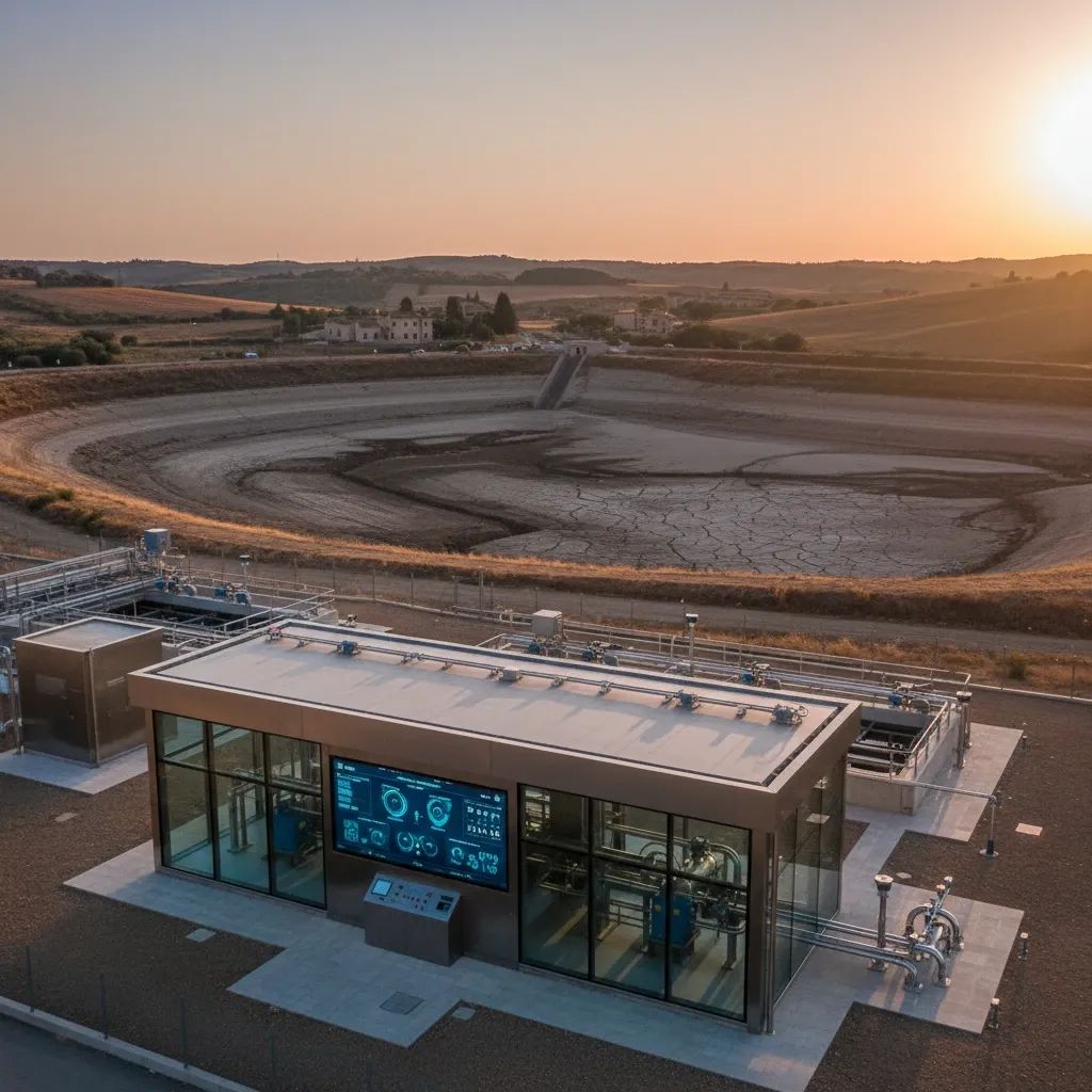 Water treatment facility with digital monitoring systems and Italian landscape showing infrastructure challenges