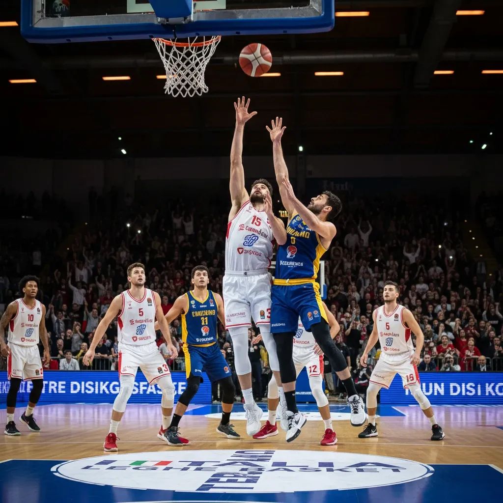 Basketball teams competing in intense Coppa Italia final match at Turin arena
