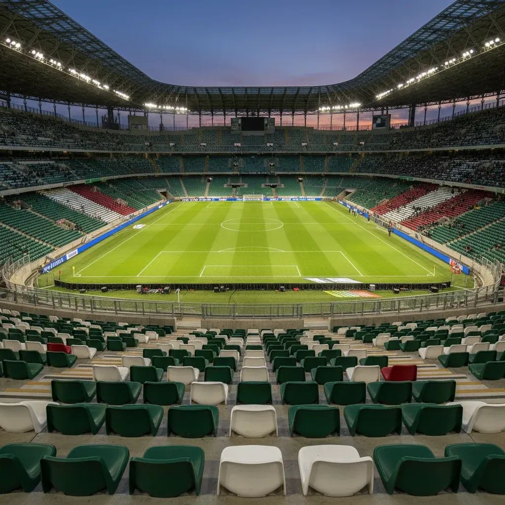 Modern Italian football stadium interior during evening lighting