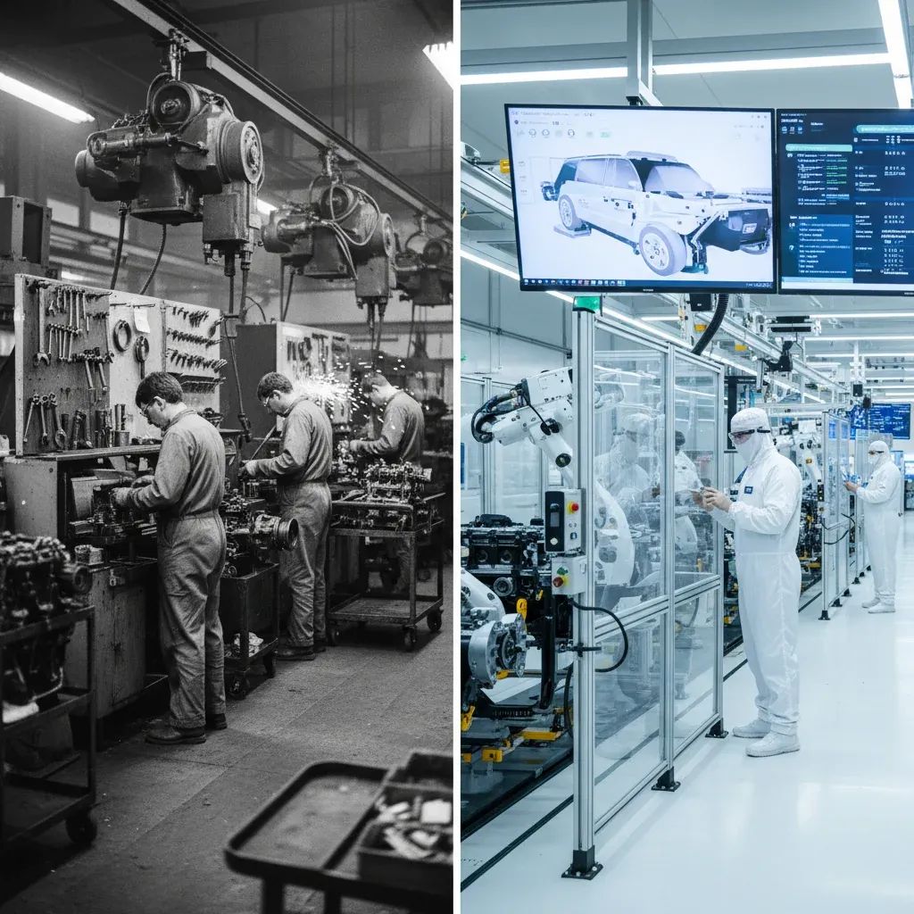 Comparison of 1980s factory workers at Ferrari assembly line versus 2024 modern manufacturing floor with digital technology