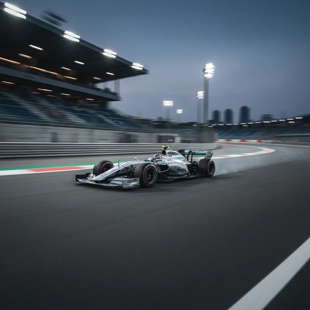 Formula 1 racing car in high-speed motion on track during qualifying session