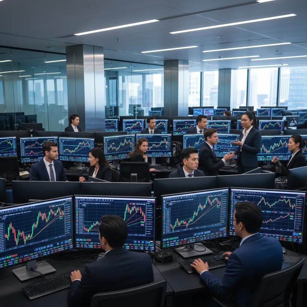 Financial traders monitoring European market data on trading floor screens