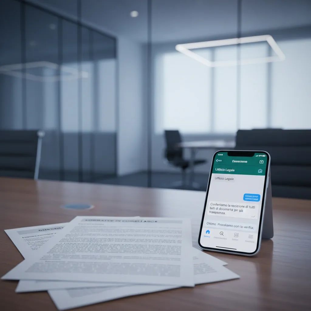 Regulatory documents and smartphone displaying SMS interface in professional office setting