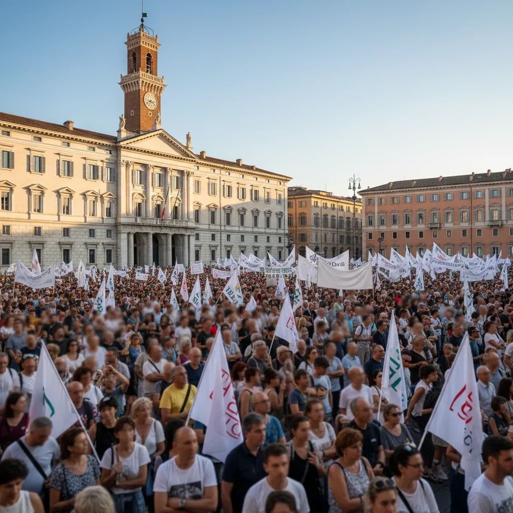Wide-angle scene of Italian city protest with crowd holding banners near a historic government building