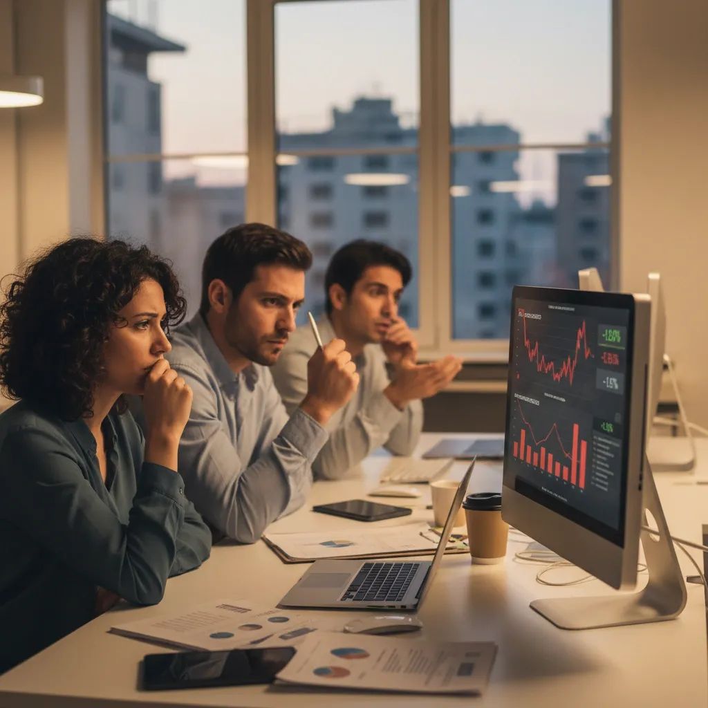 Business professionals reviewing declining economic charts in Italian office setting