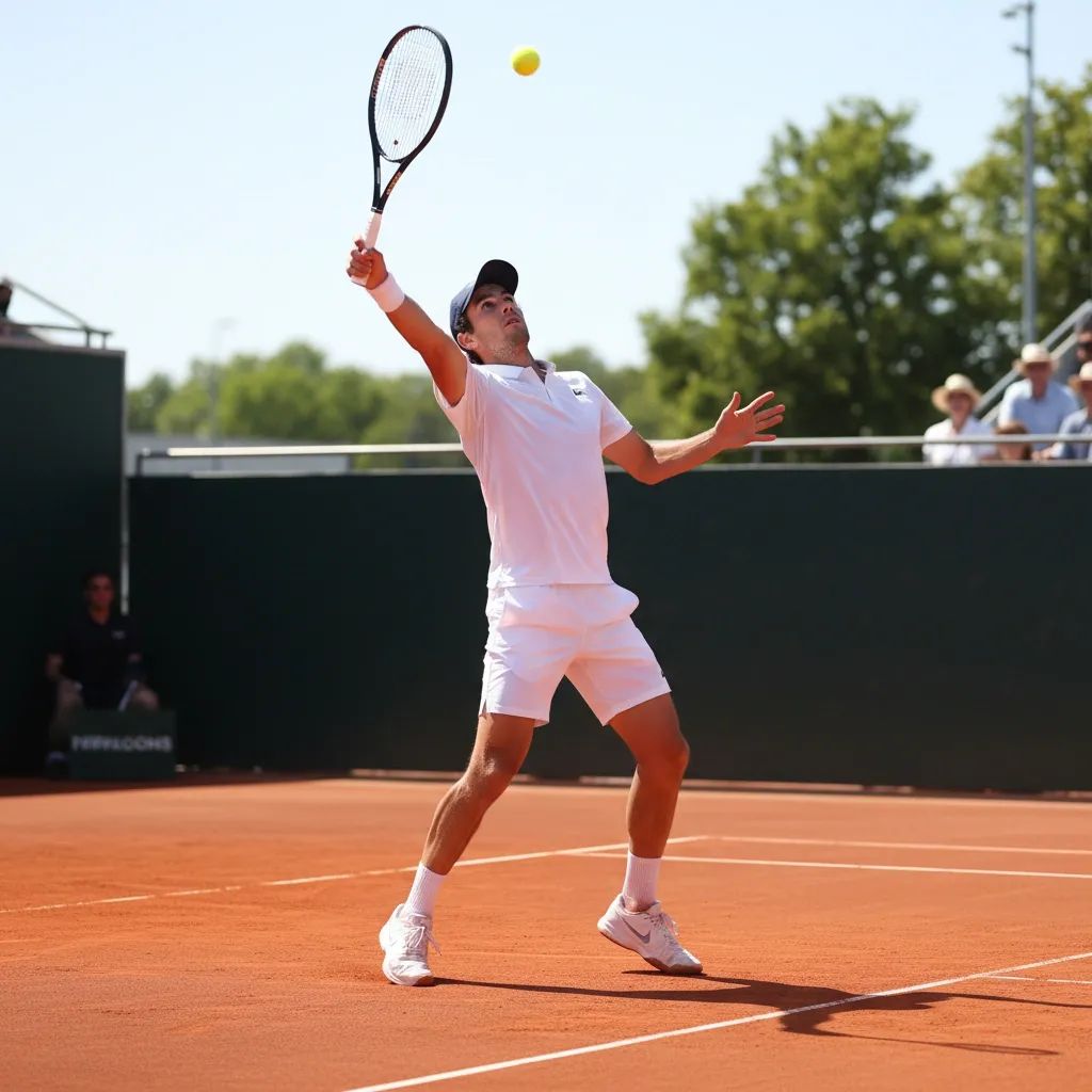 Tennis player in action on clay court during professional match