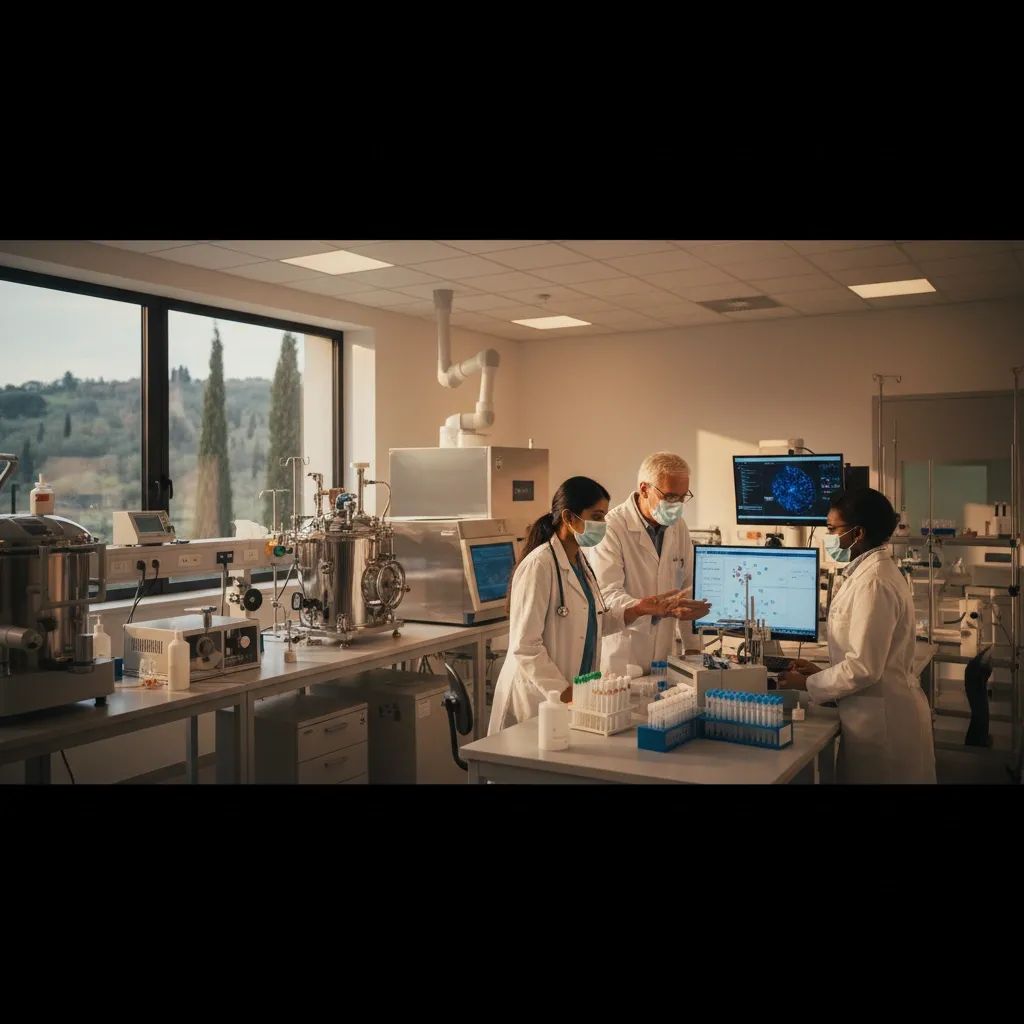 Healthcare professionals in modern Italian medical laboratory with advanced equipment for pandemic preparedness