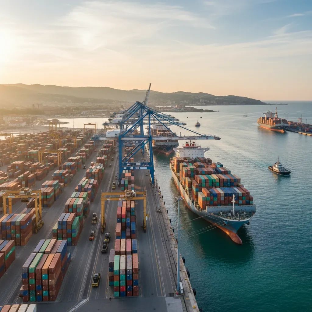 Trieste container port with cargo operations and Mediterranean shipping logistics