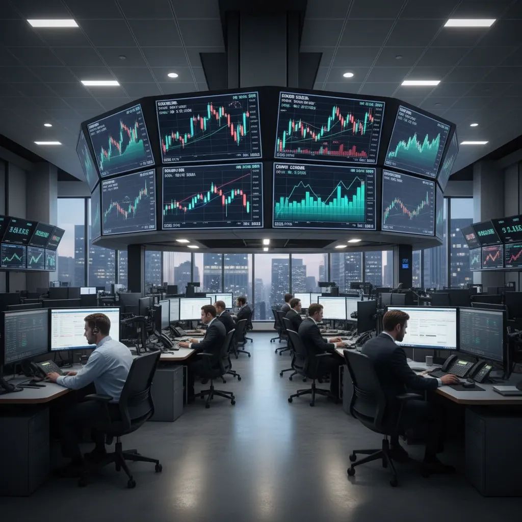 Stock market trading floor with digital screens showing upward charts and financial indices