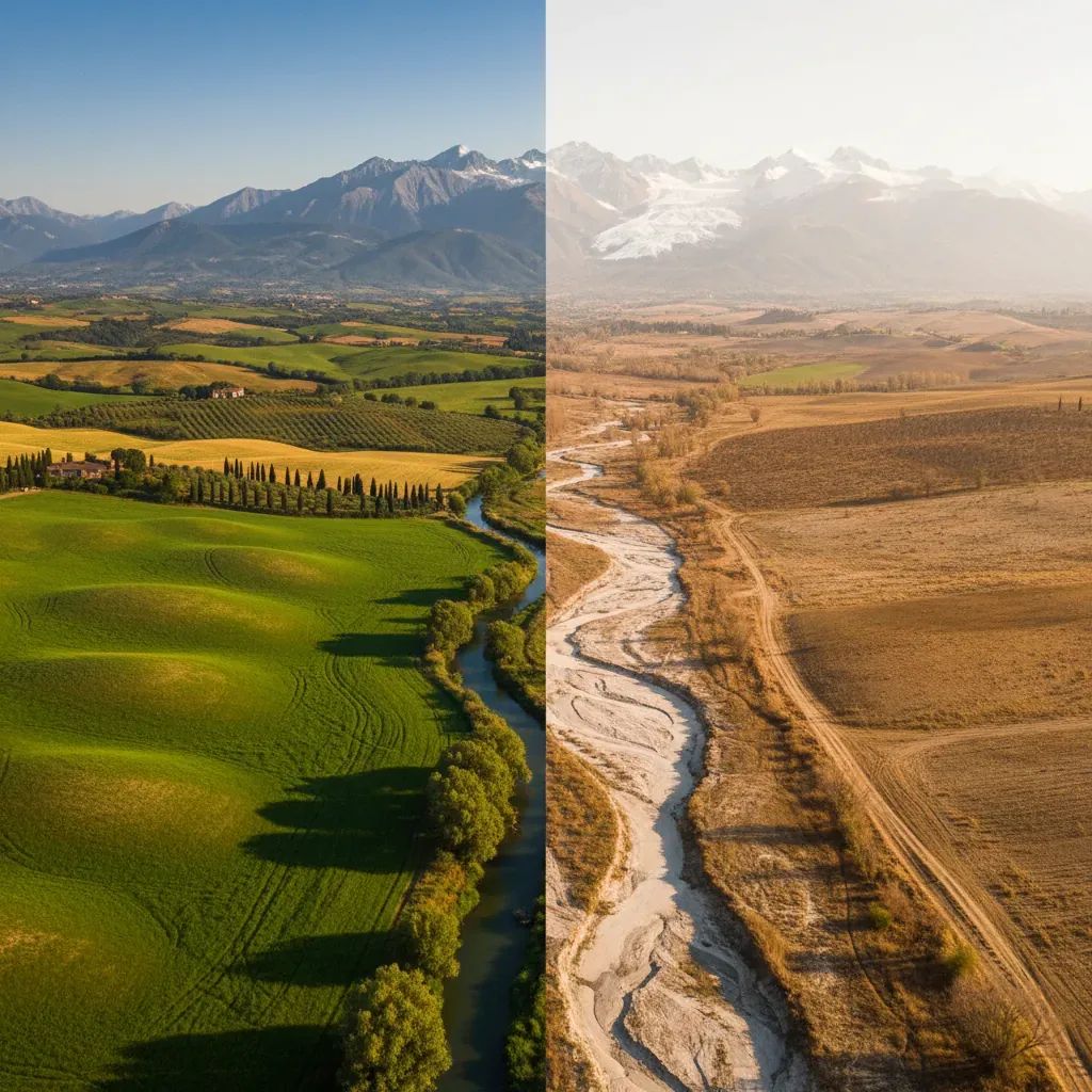 Italian Mediterranean landscape showing climate contrast between green agricultural fields and drought-affected regions with Alpine glaciers