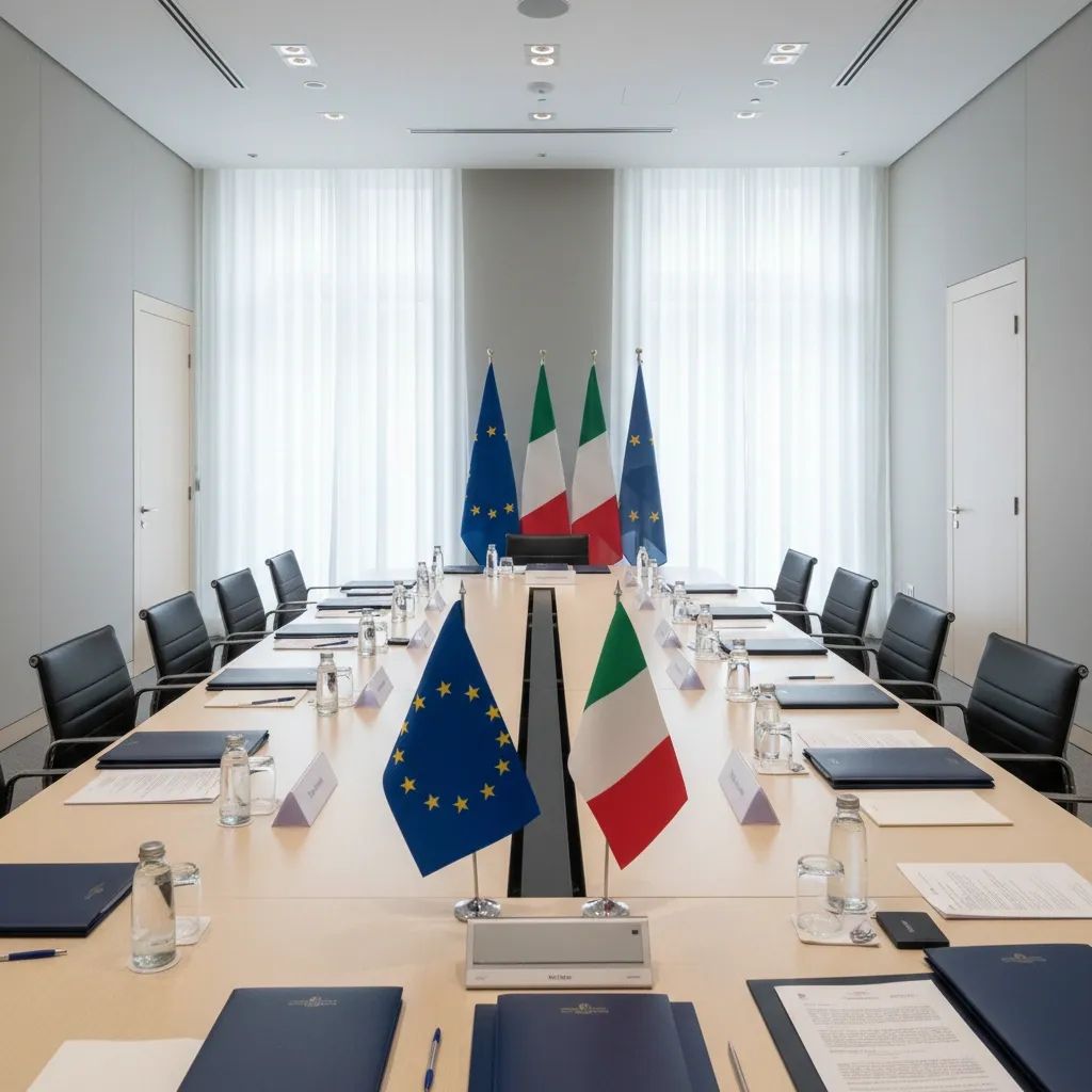 International diplomatic meeting room with documents and flags representing negotiations between nations
