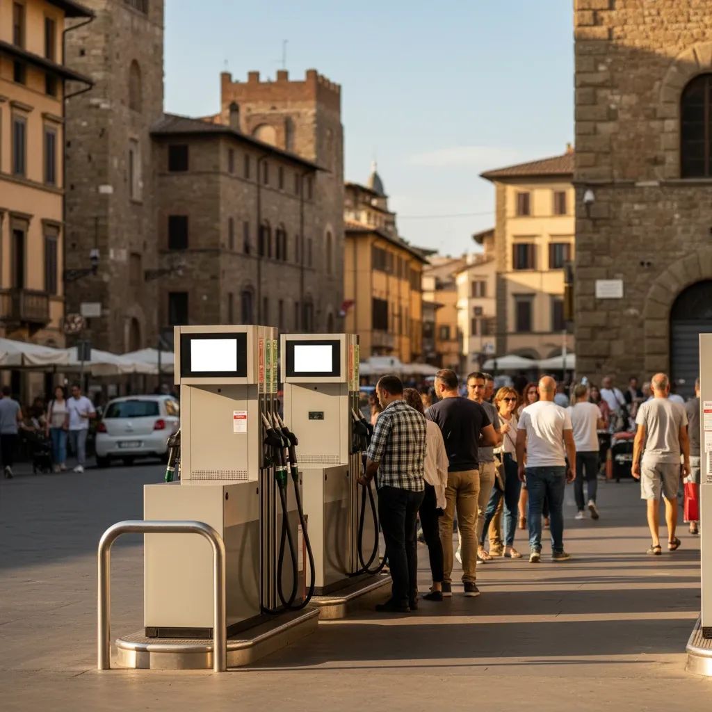 Gas station pumps showing fuel prices, representing rising energy costs affecting Italian consumers and inflation concerns