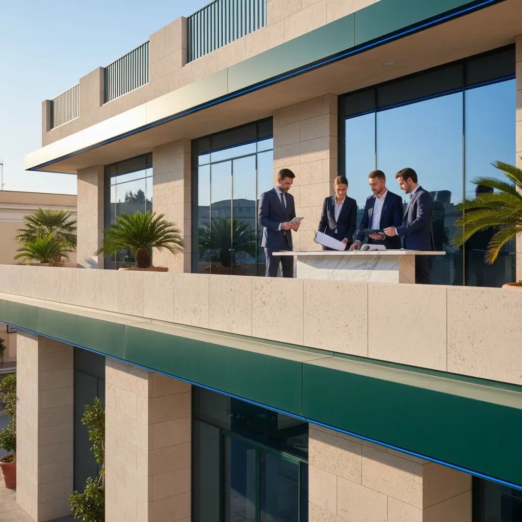 Modern bank building facade with professionals discussing financial strategies in Mediterranean setting