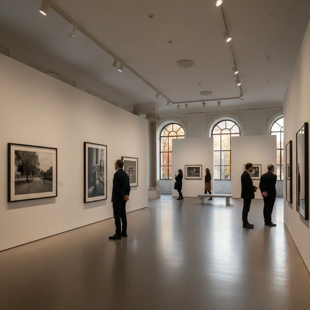 Art gallery exhibition space with visitors viewing large photographic prints on white walls, professional gallery lighting, contemporary museum interior