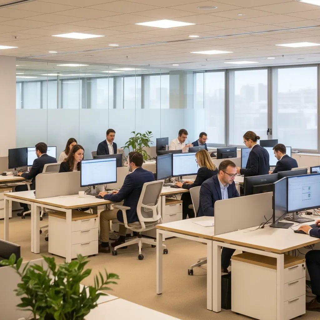 Italian bank employees working in modern office environment with contemporary banking workplace design
