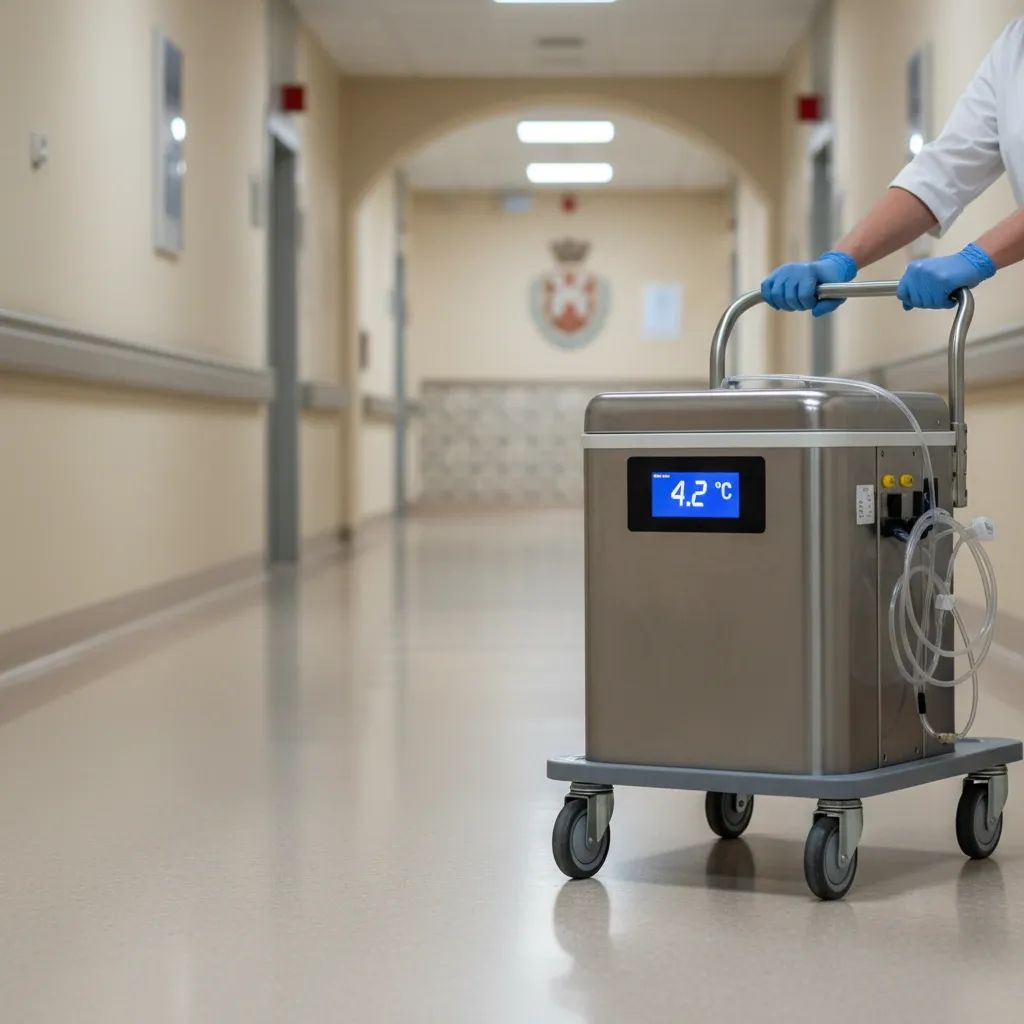 Medical-grade cooler carrying donor heart wheeled through Italian hospital corridor