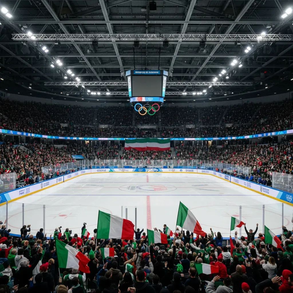 Crowded Olympic ice arena with Italian flags and spectators celebrating winter sports event