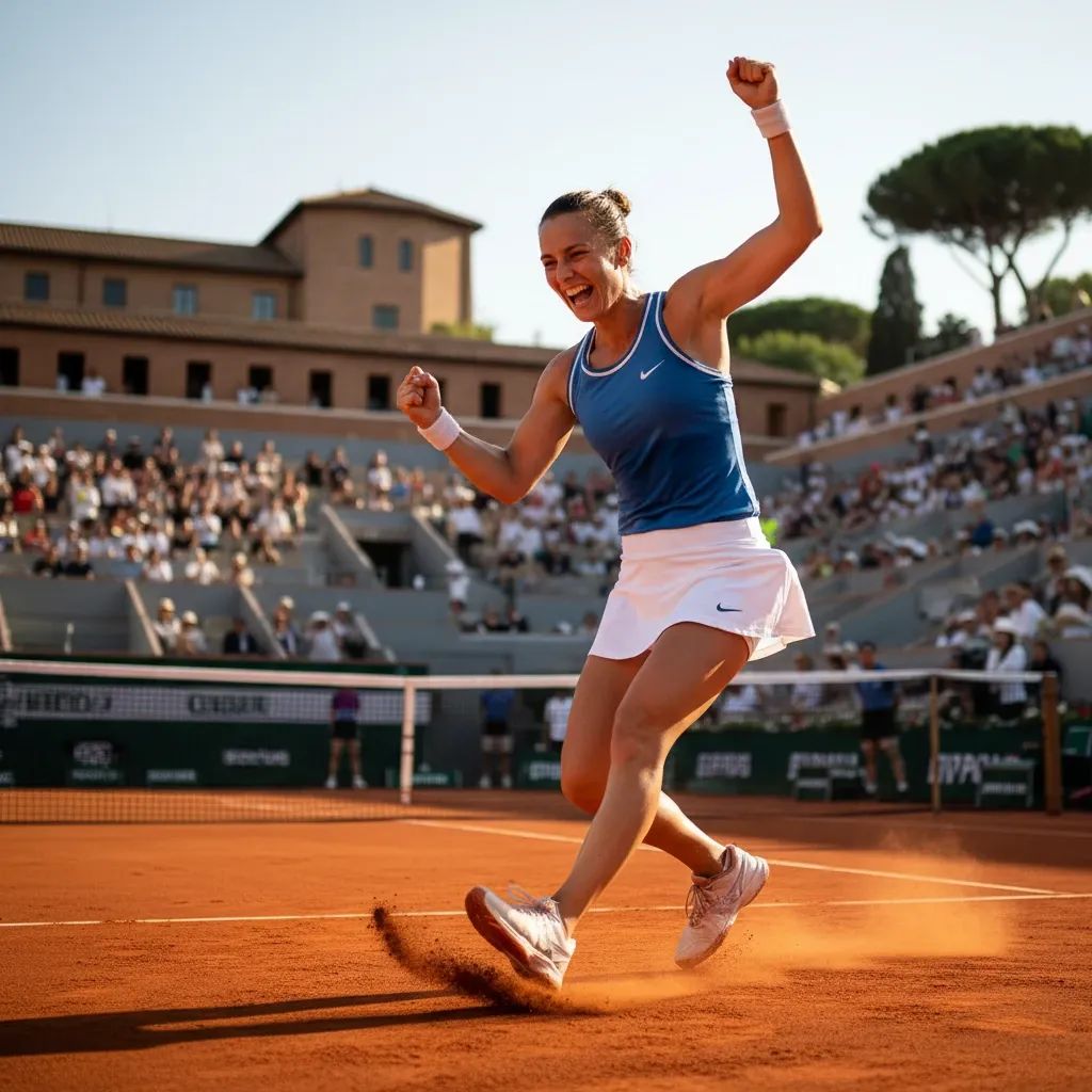 Tennis player in action on red clay court during professional ATP tournament match