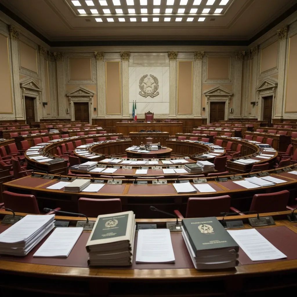 Italian parliament chamber showing formal legislative setting with government documents