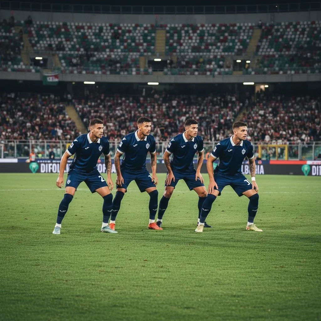 Bologna defenders in tactical formation during intense Europa League match at stadium