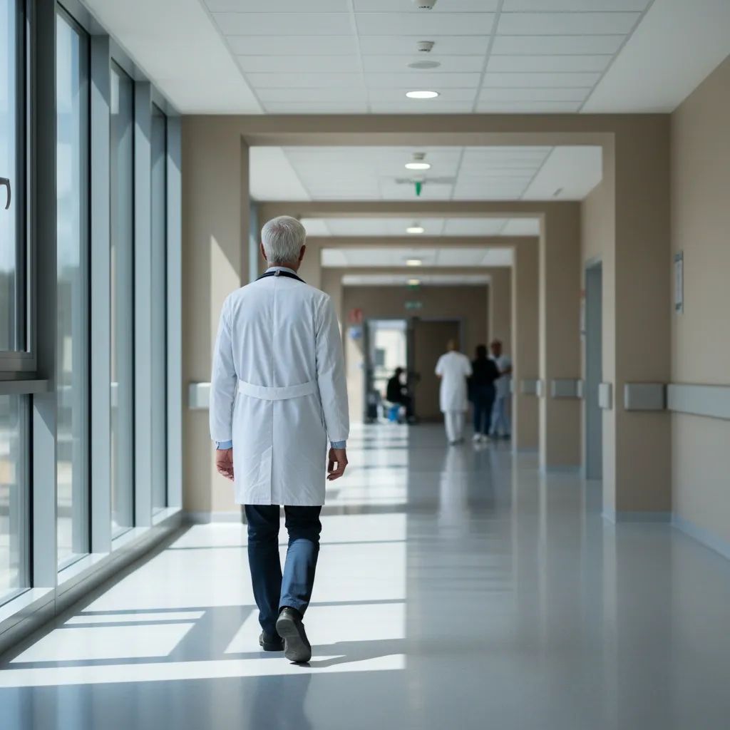 Senior doctor in white coat walks through a modern Italian hospital corridor, symbolising extended retirement age
